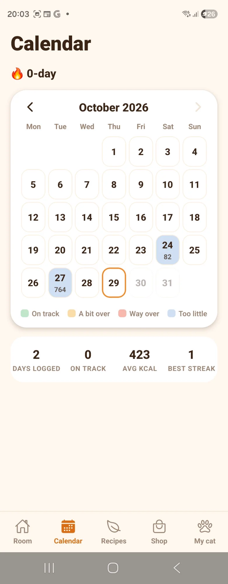 The calendar screen for October, with logged days marked and totals for days logged, days on track and average calories