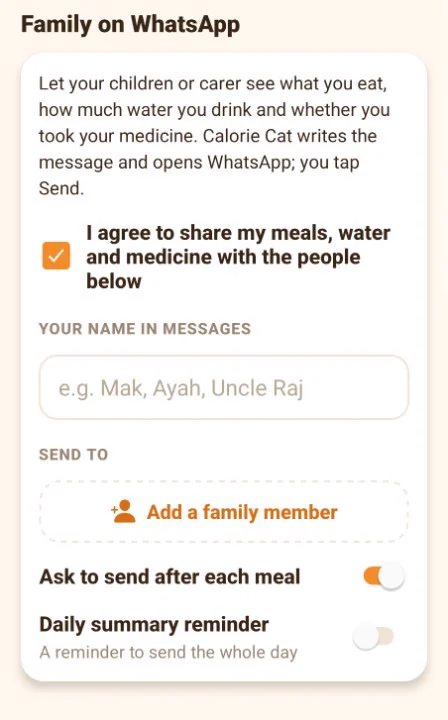 The Family on WhatsApp screen, with a consent tickbox and a field for the name used in messages