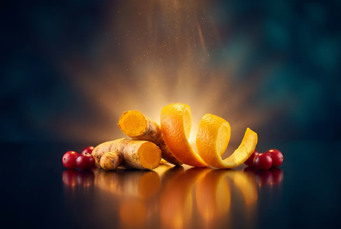 Turmeric root and citrus peel in warm light