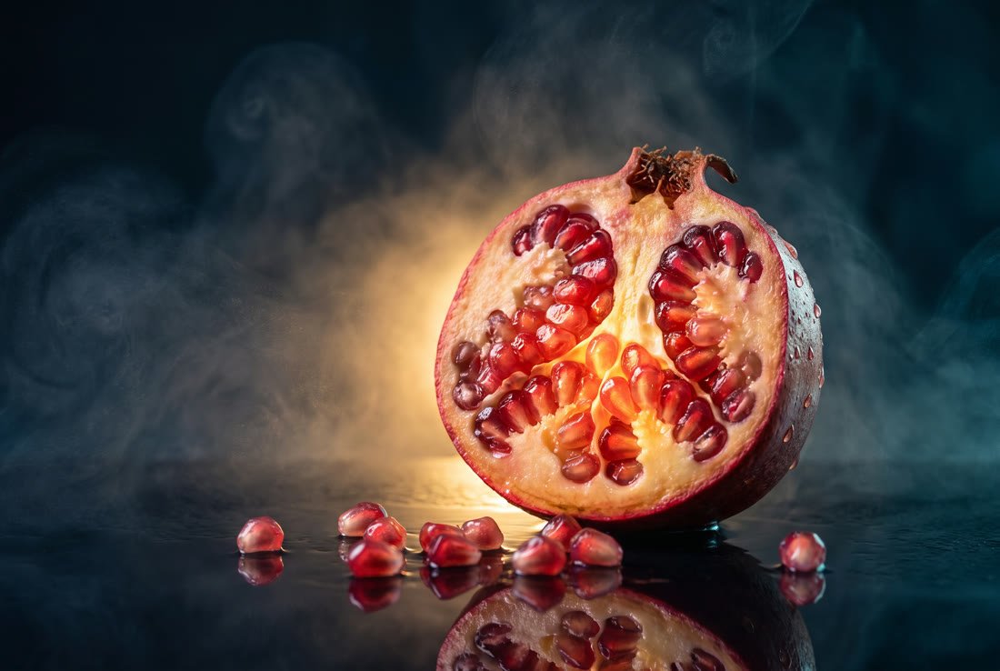 A halved pomegranate lit from within